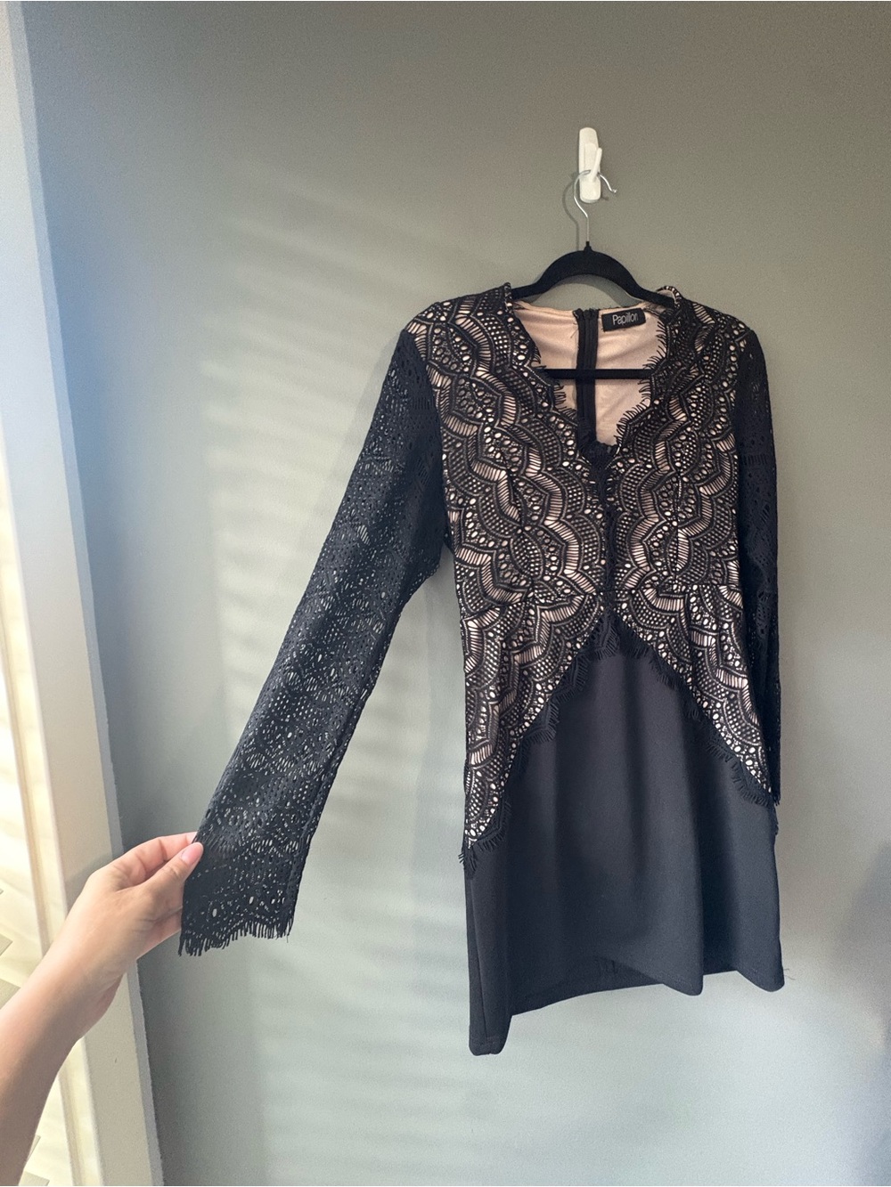 Papillon Black Lace Overlay Mini Dress – Long Sleeve – Elegant Cocktail - Picture 4 of 10